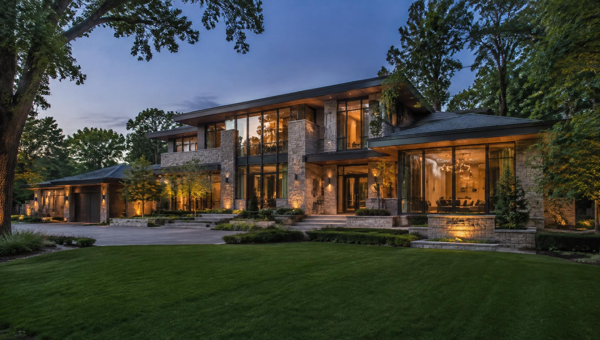 Upscale modern stone-and-glass home at dusk